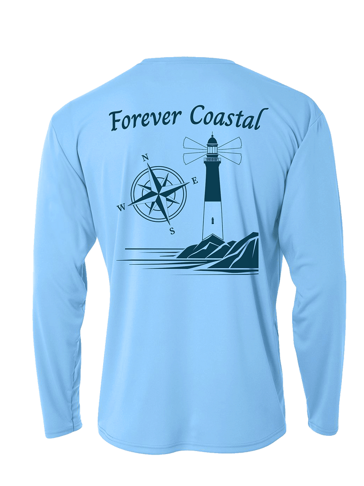 Light blue long-sleeve shirt with 'Forever Coastal' design on the back, featuring a lighthouse and compass.