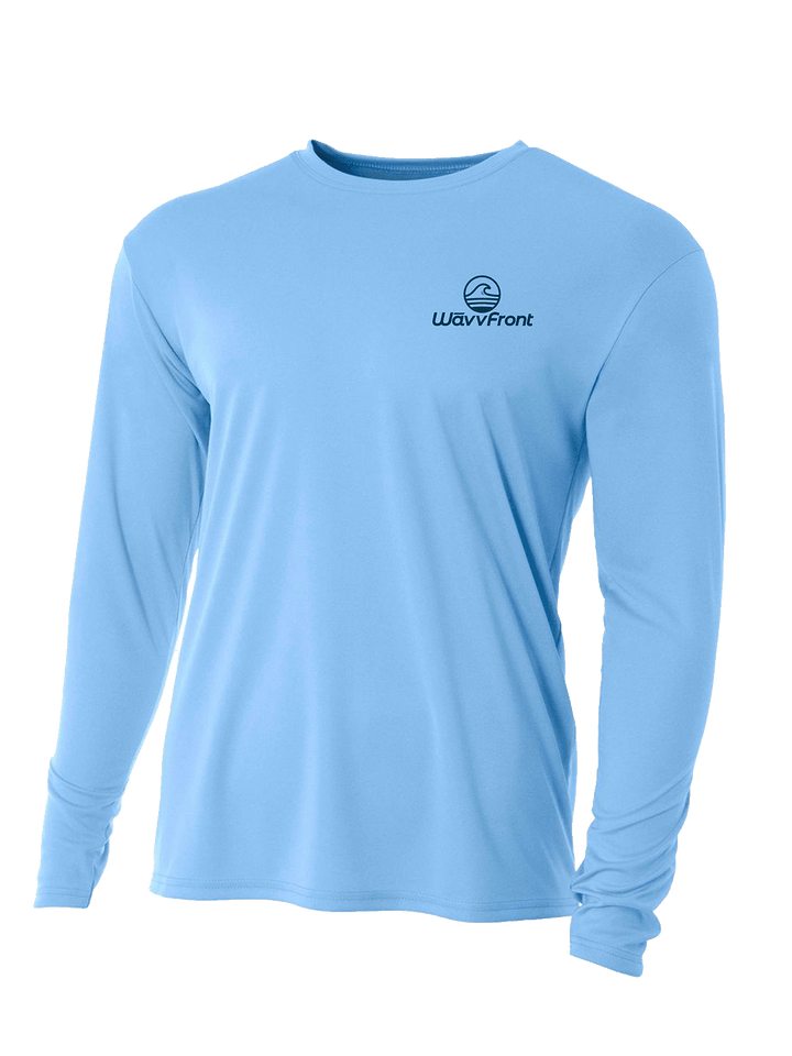 Light blue long-sleeve shirt with a logo on a white background