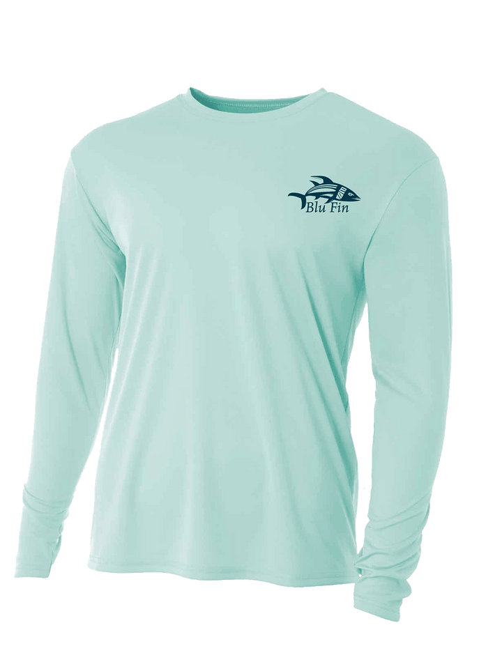 Blu Fin Logo Stylish Cooling Performance Activewear Long Sleeve Crew Neck Shirt All-Day Wear UV Protection Wicking Sportswear