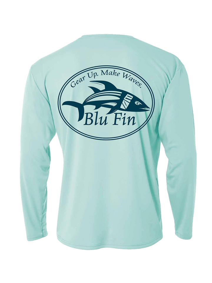 Blu Fin Logo Stylish Cooling Performance Activewear Long Sleeve Crew Neck Shirt All-Day Wear UV Protection Wicking Sportswear