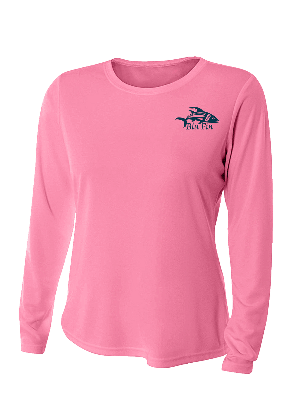 Blu Fin Logo Stylish Cooling Performance Activewear Long Sleeve Ladies Crew Neck Shirt All-Day Wear UV Protection Wicking