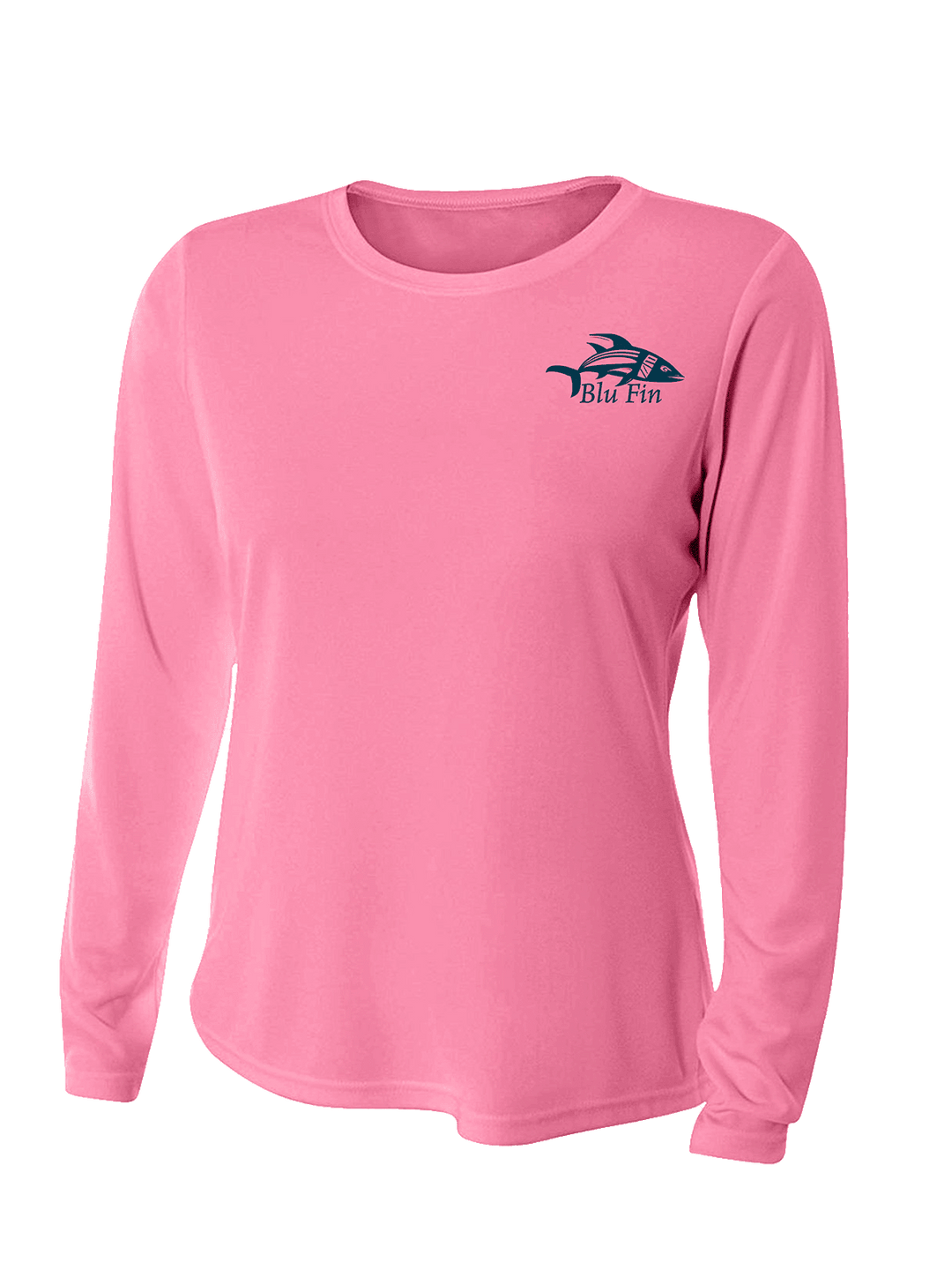 Blu Fin Logo Stylish Cooling Performance Activewear Long Sleeve Ladies Crew Neck Shirt All-Day Wear UV Protection Wicking