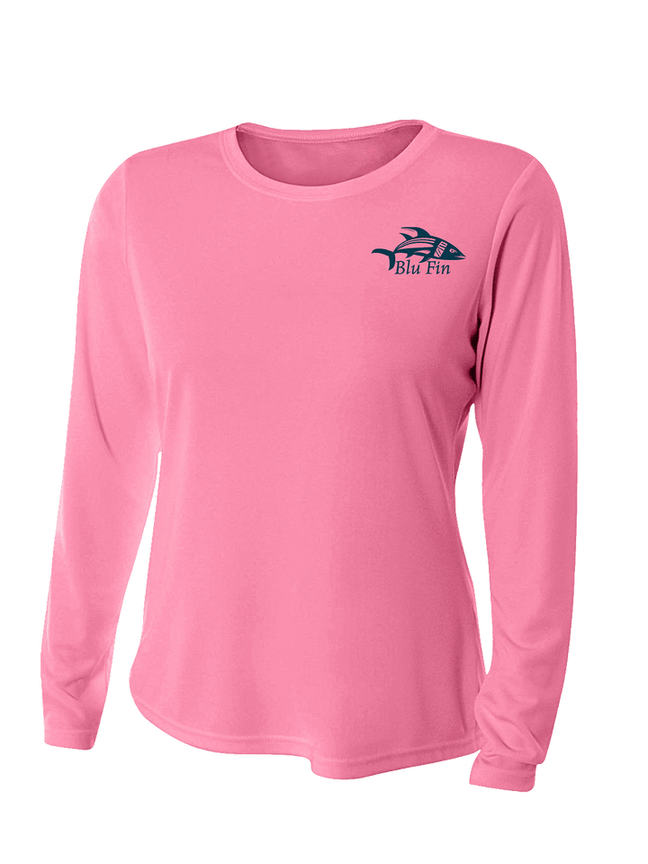 Blu Fin Logo Stylish Cooling Performance Activewear Long Sleeve Ladies Crew Neck Shirt All-Day Wear UV Protection Wicking