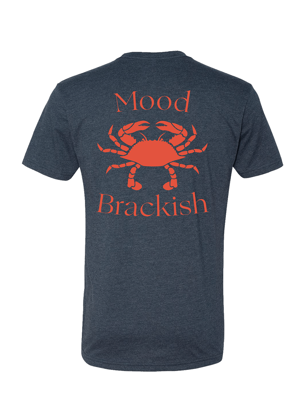 Navy blue t-shirt with orange crab graphic and text on a white background