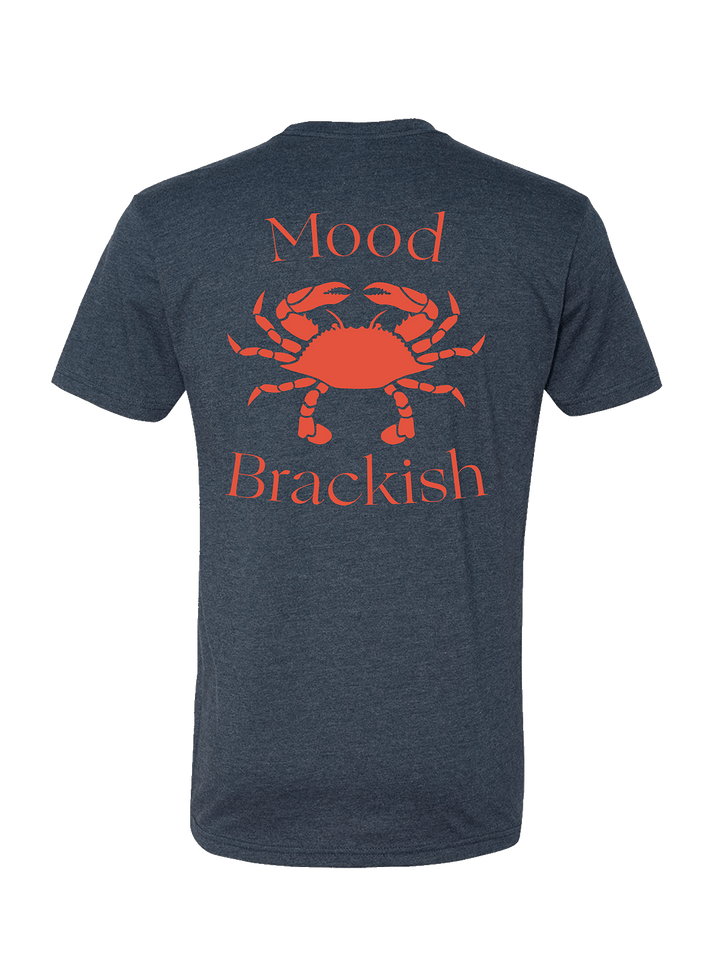 Navy blue t-shirt with orange crab graphic and text on a white background