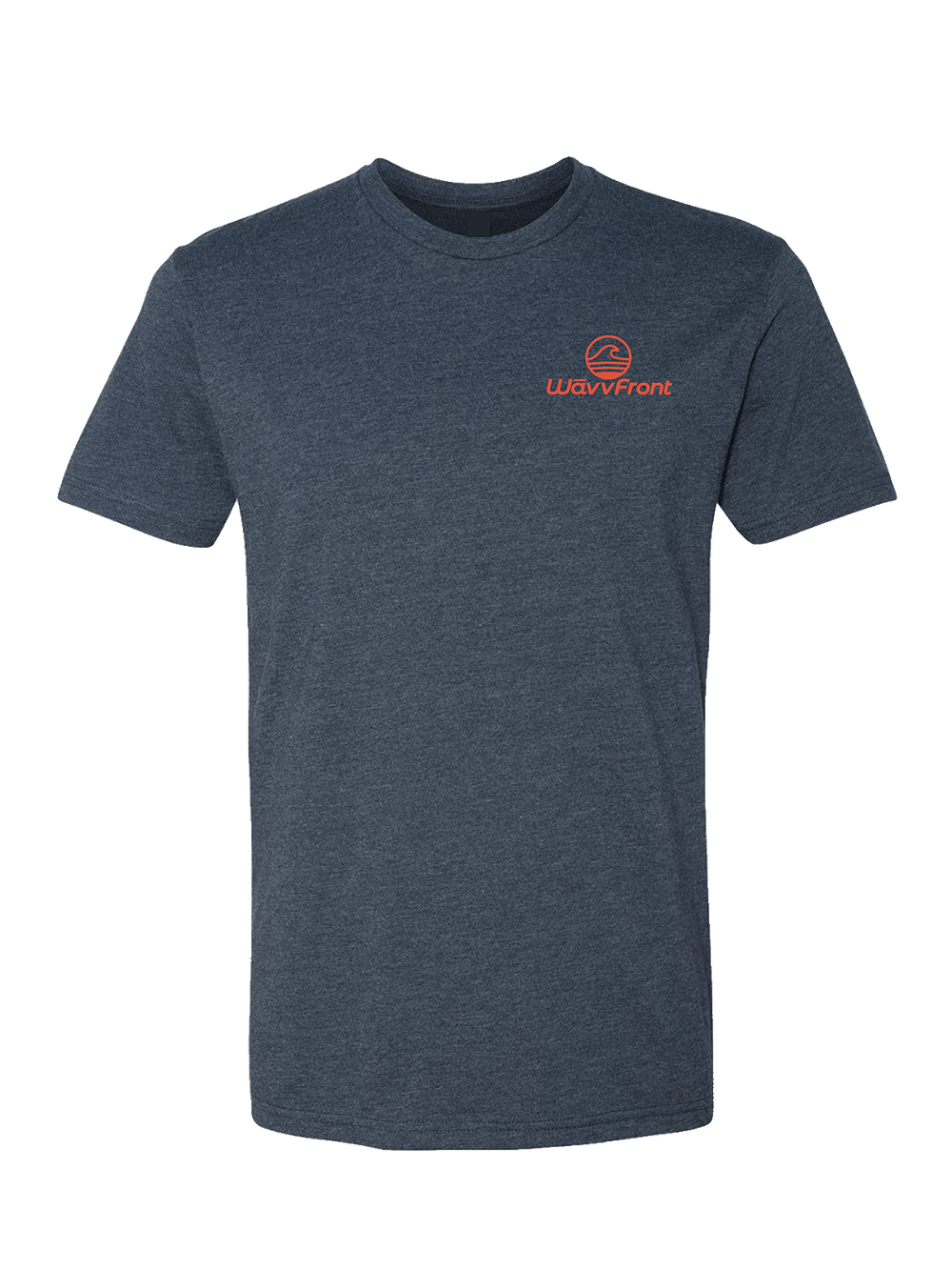 Navy blue t-shirt with a red logo on a white background