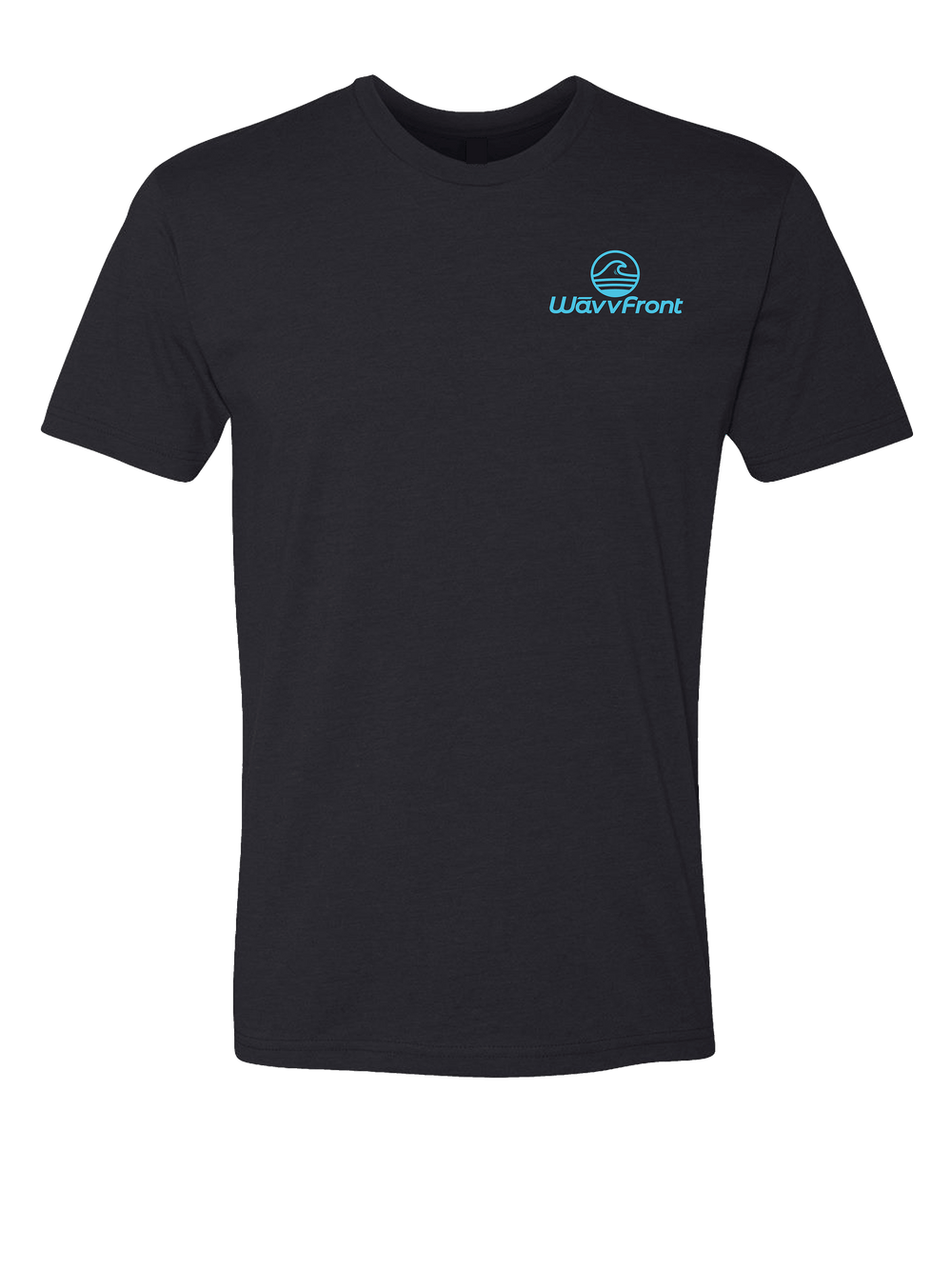 Black t-shirt with a blue logo on a white background