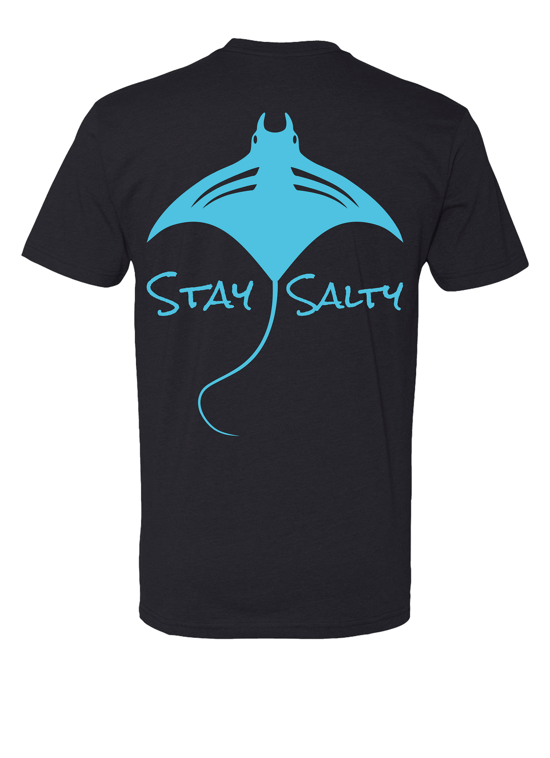 Black t-shirt with blue manta ray graphic and 'Stay Salty' text on a white background