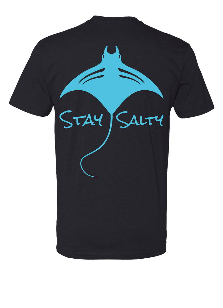 Black t-shirt with blue manta ray graphic and 'Stay Salty' text on a white background