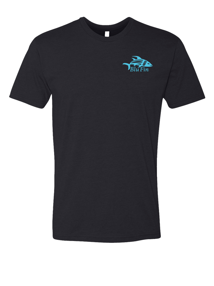 Black t-shirt with a blue logo on a white background