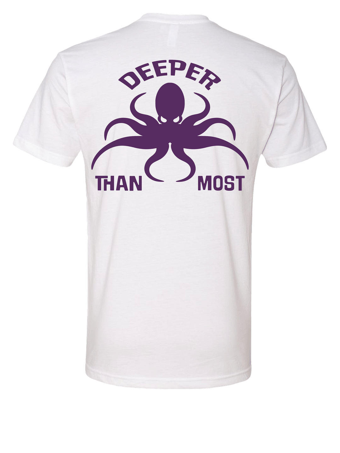 White t-shirt with purple octopus graphic and text on a white background