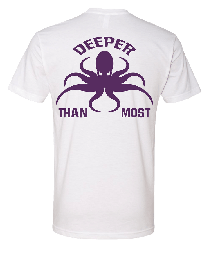 White t-shirt with purple octopus graphic and text on a white background