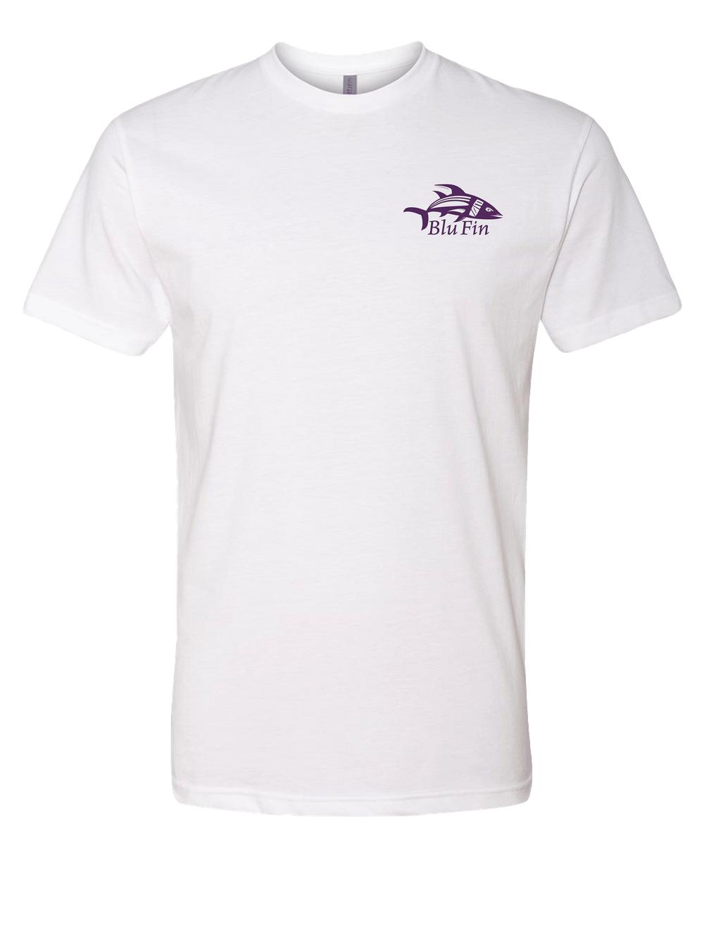 White t-shirt with a purple logo on a white background