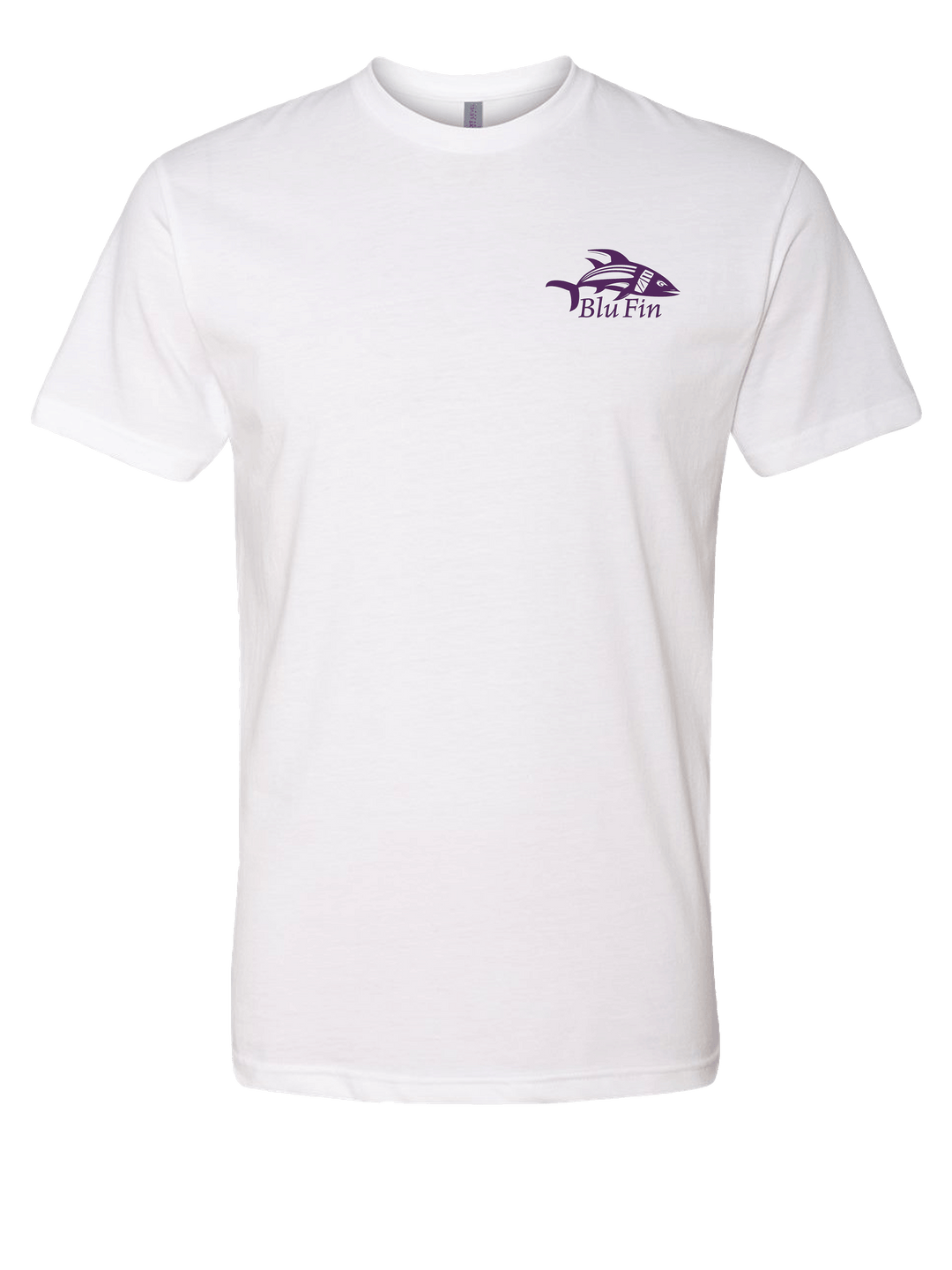 White t-shirt with a purple logo on a white background