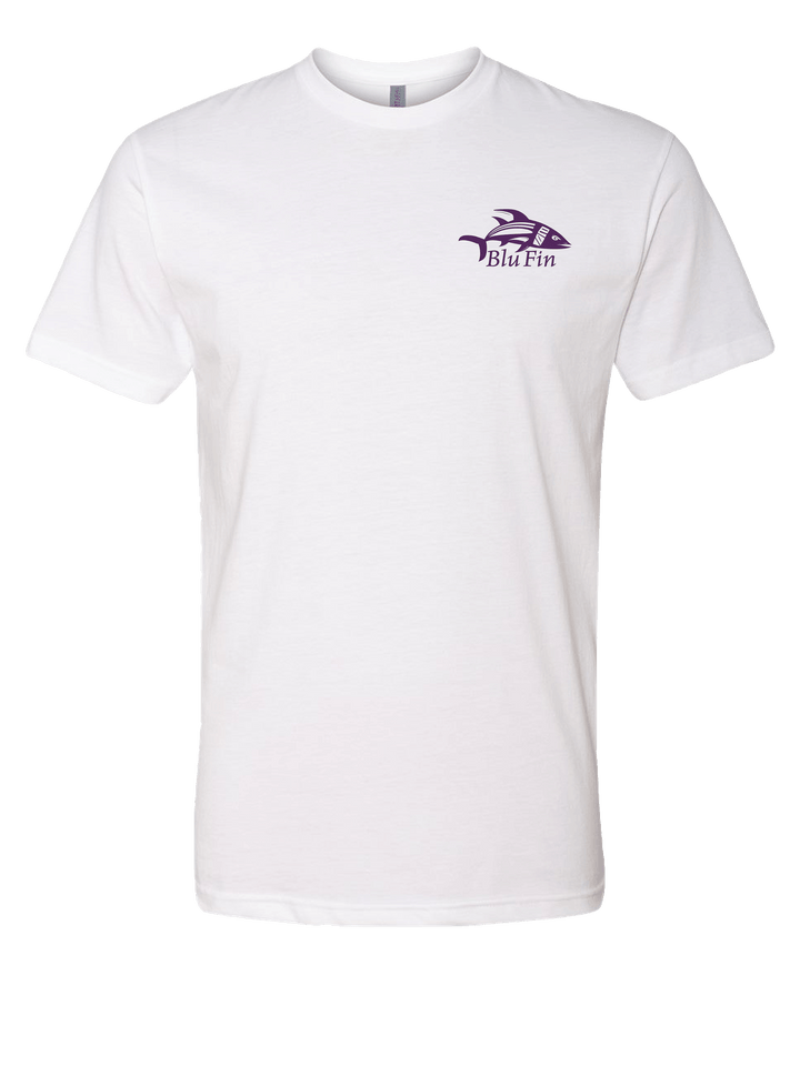 White t-shirt with a purple logo on a white background