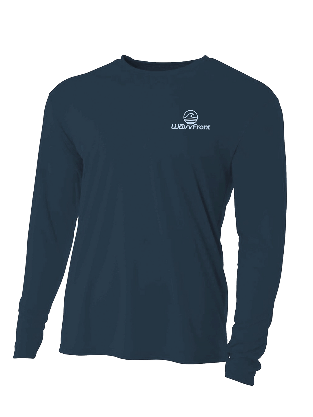 Navy long-sleeve shirt with a logo on the chest against a white background