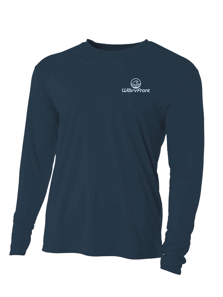 Navy long-sleeve shirt with a logo on the chest against a white background