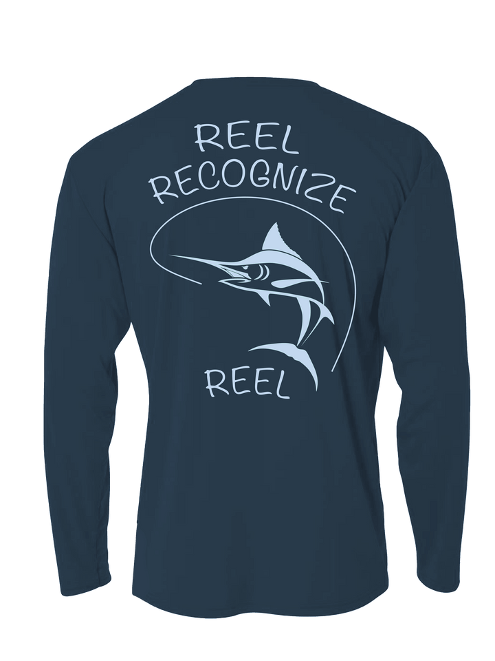 Navy long-sleeve shirt with white graphic and text on a white background