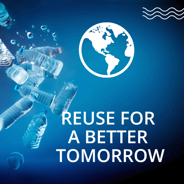 Recycling symbol with text 'Reuse for a Better Tomorrow' on a blue background