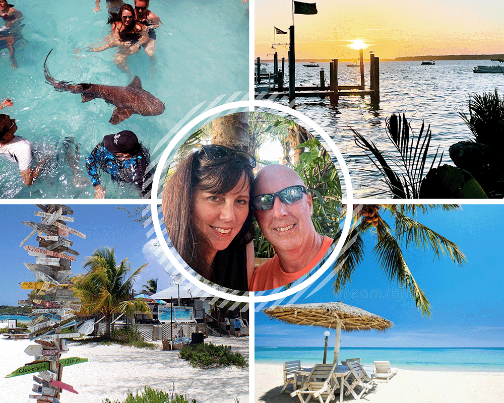 Collage of tropical vacation scenes including beach, sunset, and people with a shark.