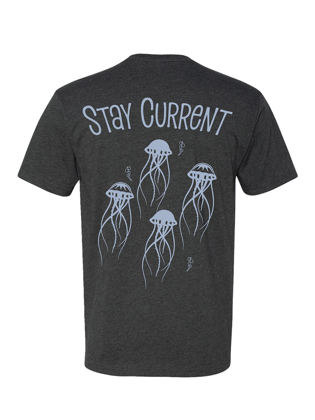 Black t-shirt with jellyfish design and 'Stay Current' text on a white background