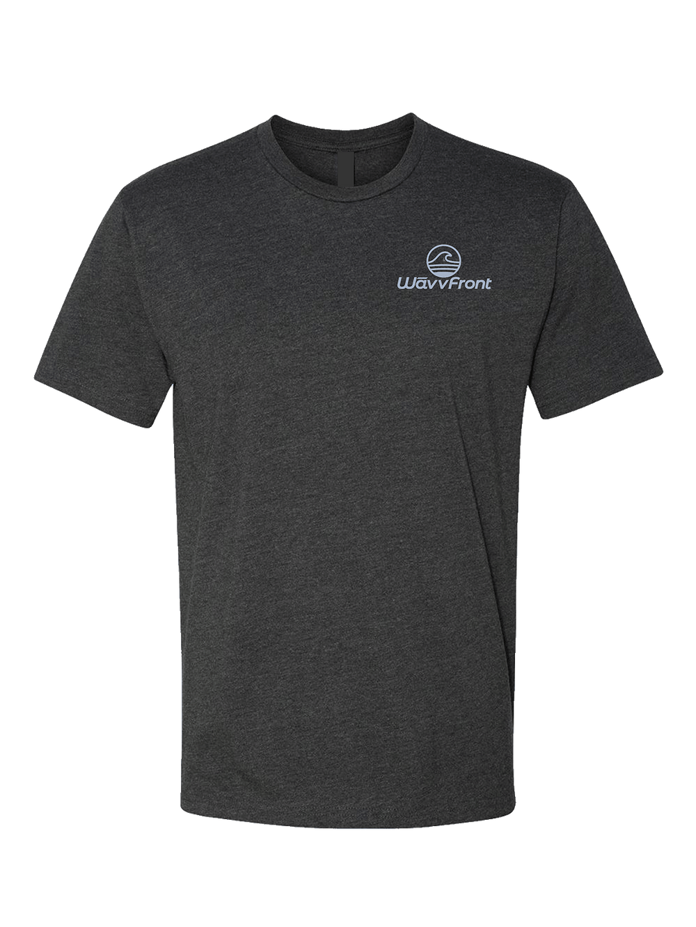Dark gray t-shirt with a logo on the chest against a white background