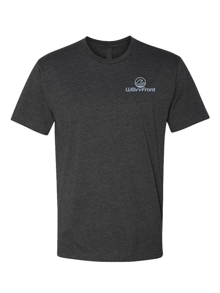 Dark gray t-shirt with a logo on the chest against a white background