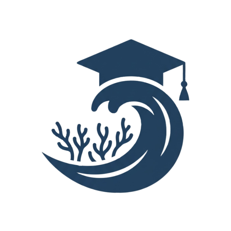 Graduation cap with wave and coral design on a white background