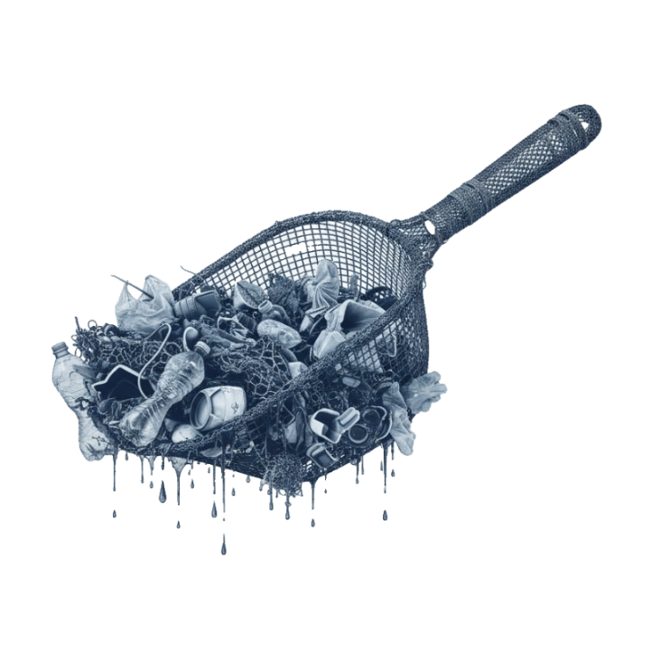 Fishing net with dead fish and a fish on a white background