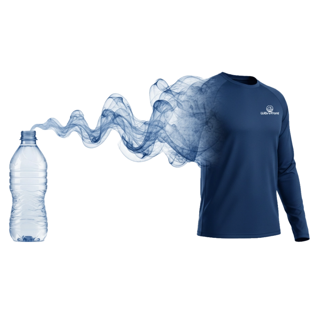 Navy blue long-sleeve shirt with a water bottle and water droplets on a white background