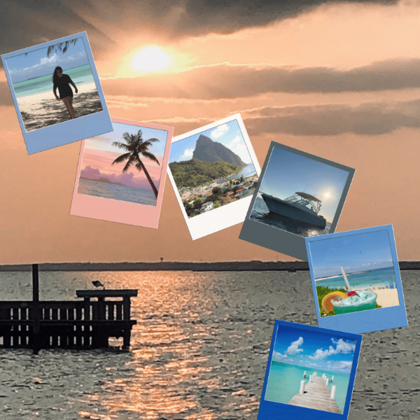 Collage of beach scenes with a sunset background