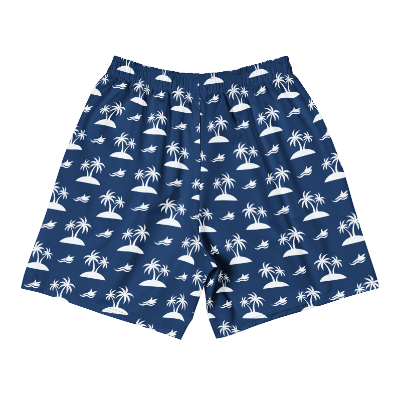 Navy blue shorts with white palm tree and beach umbrella pattern on a white background