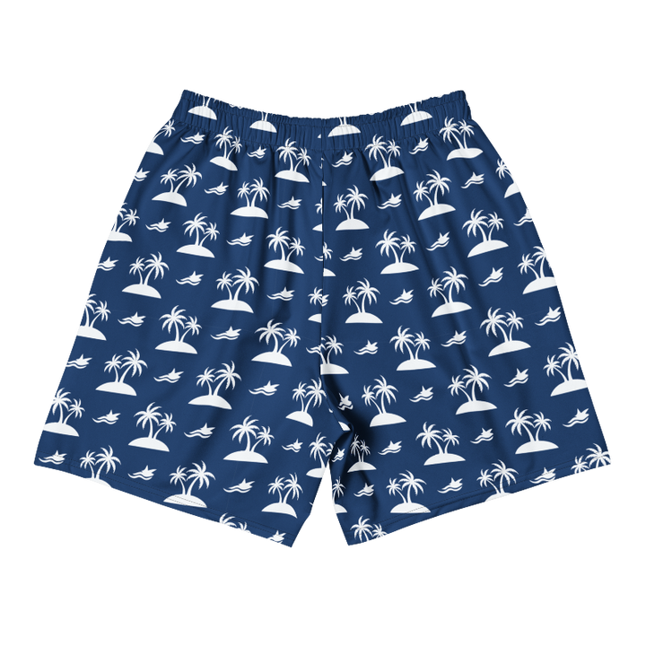 Navy blue shorts with white palm tree and beach umbrella pattern on a white background