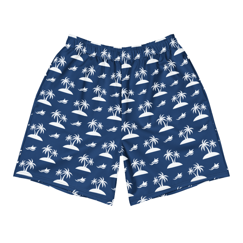 Blue shorts with white palm tree pattern on a white background