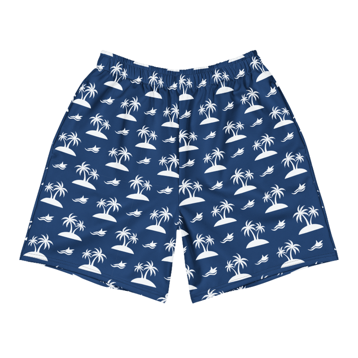 Blue shorts with white palm tree pattern on a white background